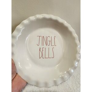 RAE DUNN CHRISTMAS JINGLE BELLS WHITE CERAMIC FLUTED PIE PLATE DISH 10 1/2"